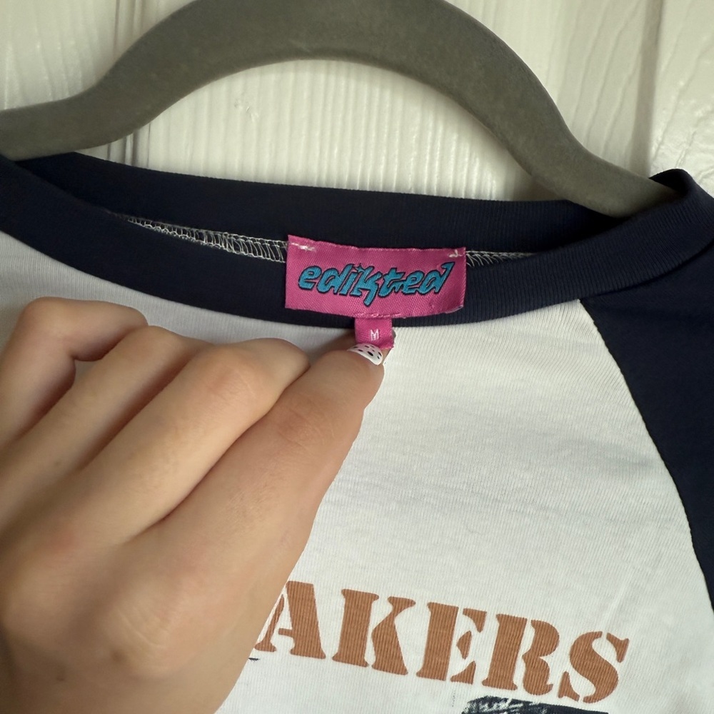 EDIKTED Baby Tee The Makers White / Navy Blue Black Mini Short Sleeve Shirt M - Picture 3 of 5